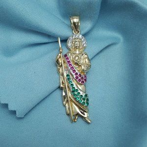 Elegant 14K Solid Yellow Gold Religious Saint Jude Cubic Zirconia Pendant Charm